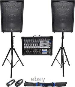 (2) JBL Pro JRX215 15 2000w PA/DJ Speakers+Powered 12-Channel Mixer+Stands